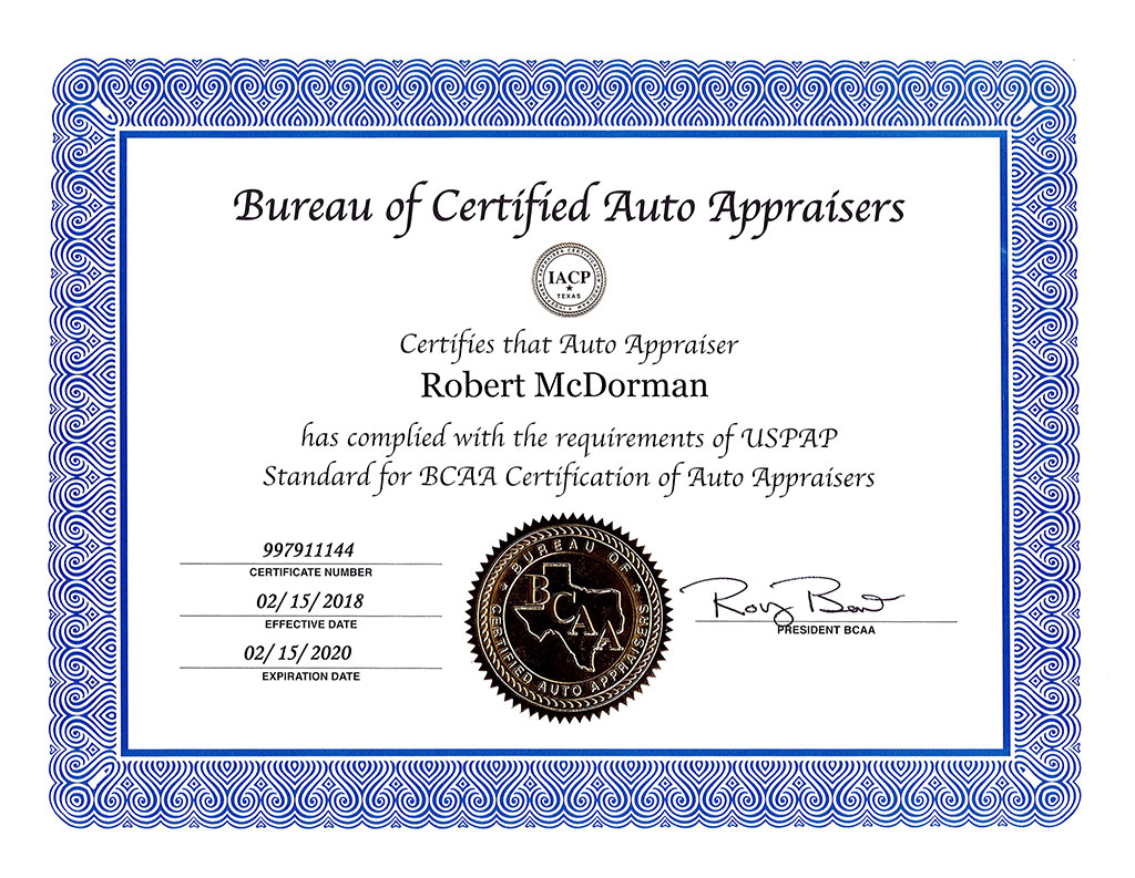 Bureau of Certified Auto Appraisers Certificate